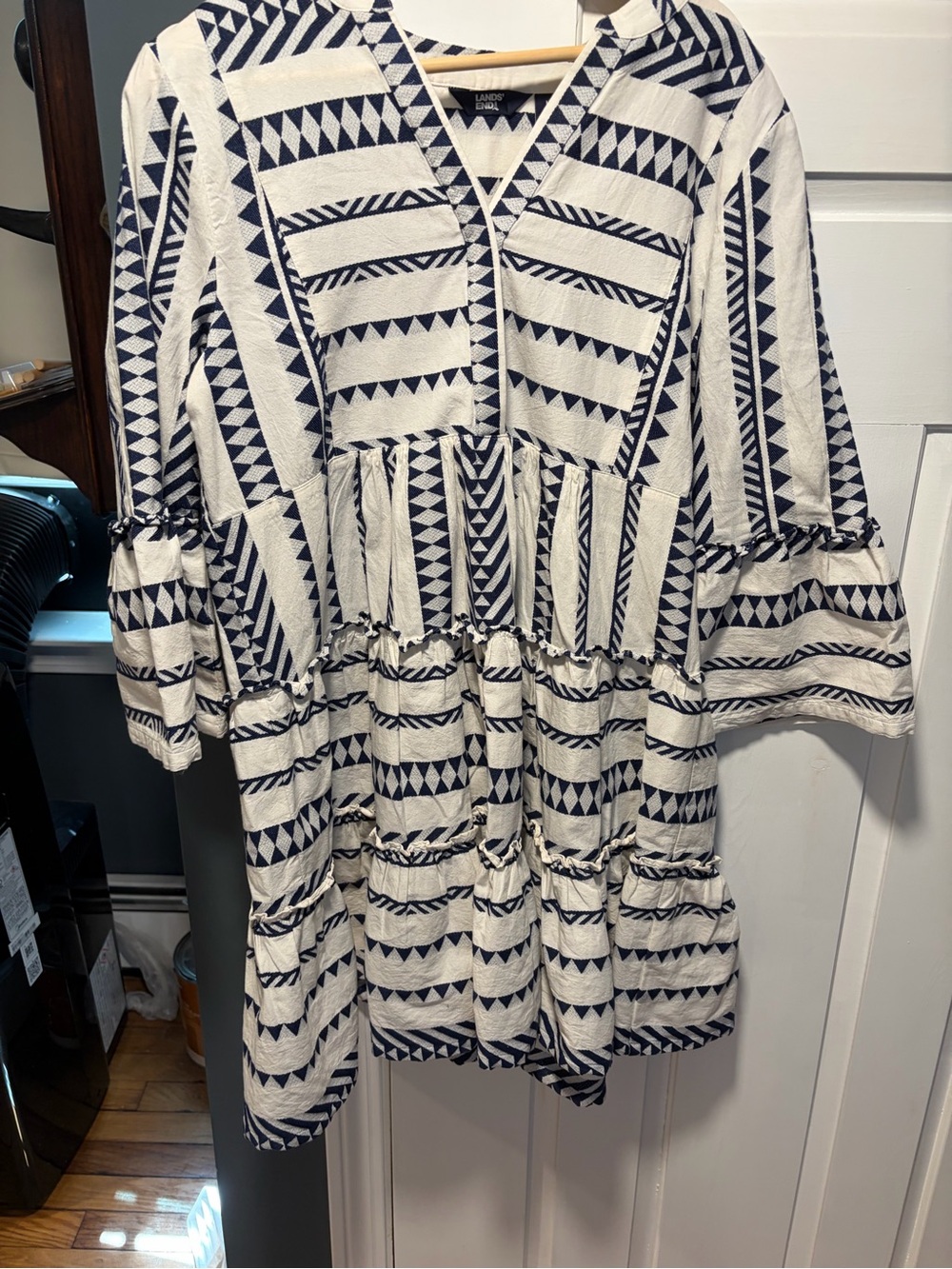 Lands' End Black and White Geometric Tiered Tunic Dress